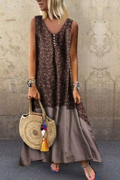 Womens Summer Fashion Boho Style Floral Printed V-Neck Sleeveless Maxi Linen Swing Tank Dress