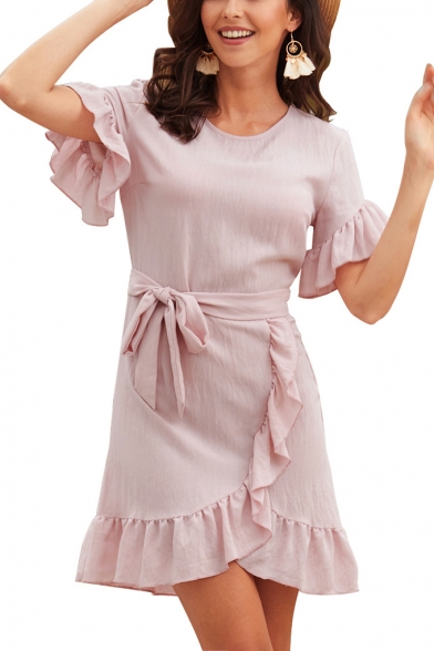Womens Summer Fashion Plain Pink Round Neck Ruffled Hem Tied Waist Mini A-Line Asymmetric Dress