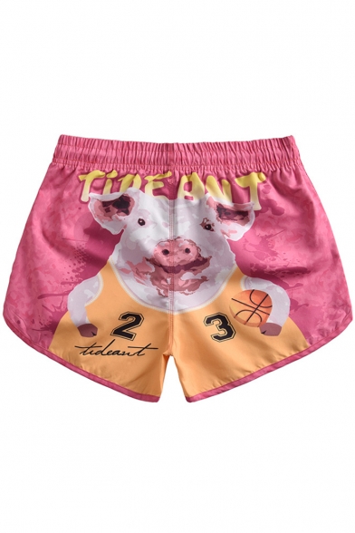 Womens Summer Funny Cartoon Pig Print Drawcord Waist Pink Loose Beach Swim Shorts