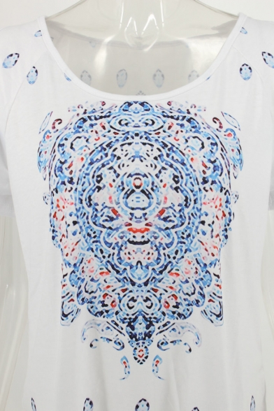 Womens Summer Holiday Tribal Printed Round Neck Cold Shoulder Short Sleeve Casual White T-Shirt