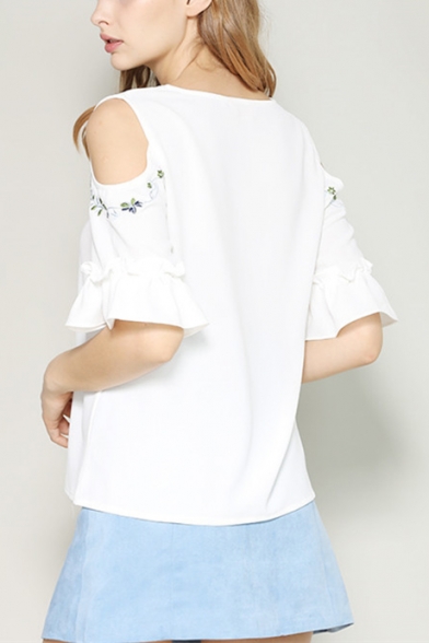 Womens Summer Simple Floral Embroidery Cold Shoulder V-Neck White Linen Blouse