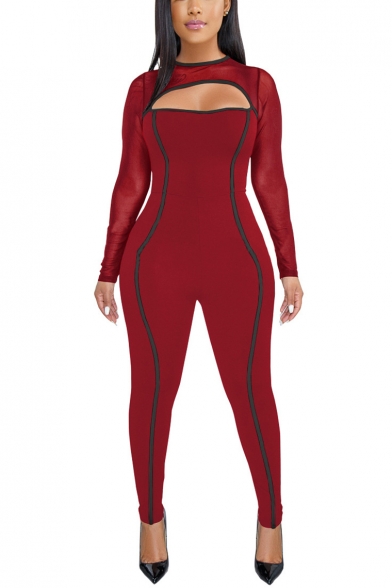 Womens Trendy Sheer Mesh Patch Long Sleeve Cutout Contrast Trim Skinny Jumpsuits