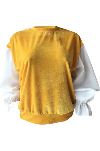 Womens Unique Stylish Patched Flared Long Sleeve Yellow Pullover Sweatshirt