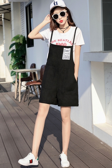 Active Students Basic Simple Letter Print Spaghetti Straps Pocket Front Overall Rompers