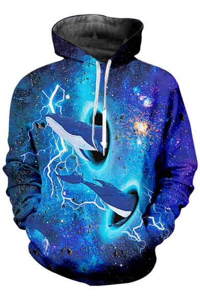 Blue Galaxy Whale 3D Printed Long Sleeve Loose Fitted Drawstring Hoodie