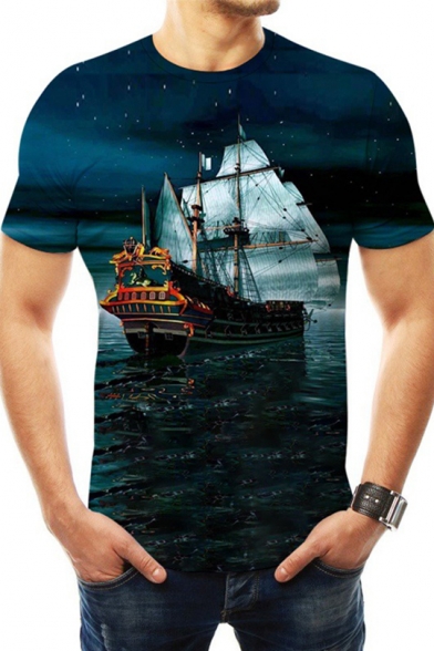 Blue Starry Night Sailing Boat 3D Printed Round Neck Short Sleeve Basic T-Shirt