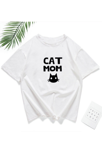 Cartoon Cat Letter MAMA NEEDS WINE Print White Loose Graphic Tee