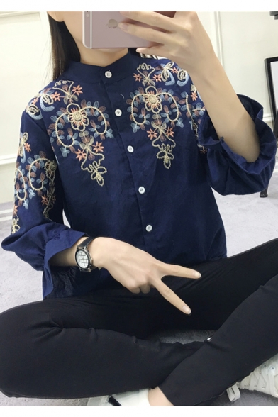 Chic Simple Floral Embroidery Long Sleeve Button Down Casual Shirt Blouse