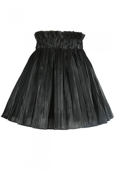 Chic Simple Plain Ruffled Elastic Waist Mini A-Line Pleated Flared Skirt with Liner