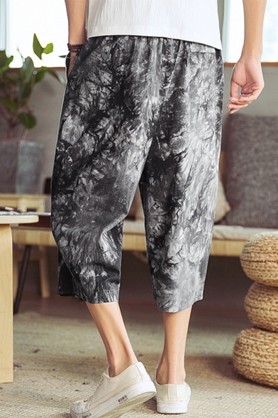 Chinese Stylish Unique Printed Loose Fit Casual Cropped Wide Leg Pants for Men