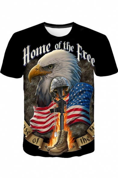 Cool Letter HOME OF THE FREE Eagle Printed Round Neck Short Sleeve Black T-Shirt