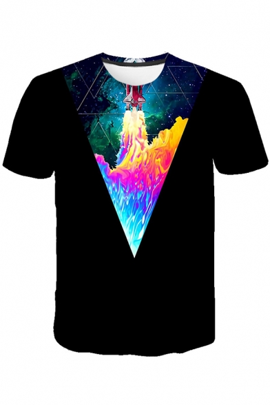 Cool Unique Galaxy Triangle Printed Round Neck Short Sleeve Black T-Shirt