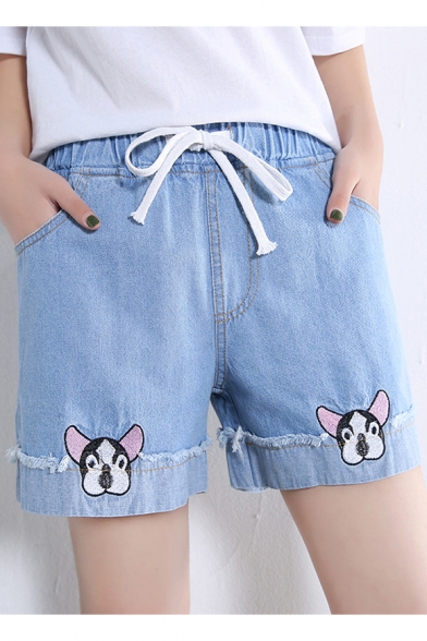 Cute Cartoon Dog Embroidery Drawstring Waist Loose Casual Denim Shorts
