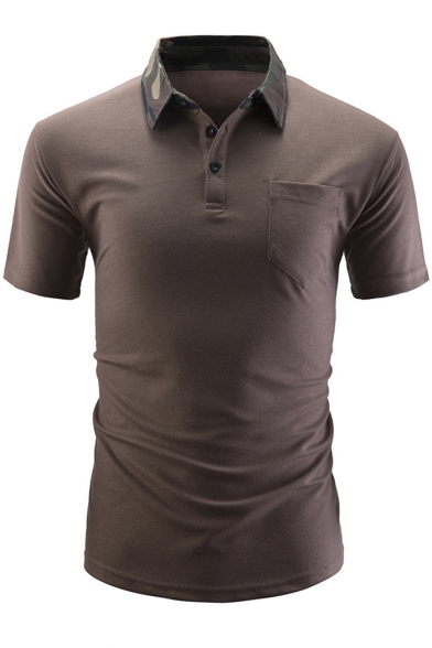 Fashion Camo Turn-Down Collar Three-Button Front Short Sleeve One Pocket Patched Chest Fitted Polo Shirt for Men