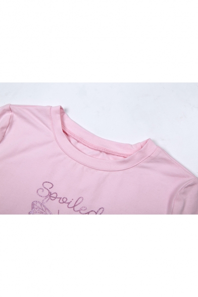 Fashion Letter SPOILED Butterfly Print Round Neck Short Sleeve Pink Slim Crop Tee