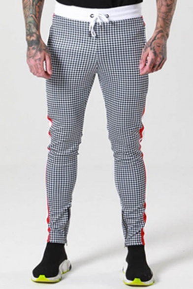 Fashion Plaid Pattern side-striped Zipper Embellishment Drawstring Waist Joggers Pencil Pants