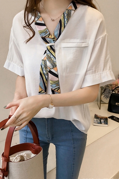 Fashion Print Tied V-Neck Short Sleeve Casual Loose Blouse Top