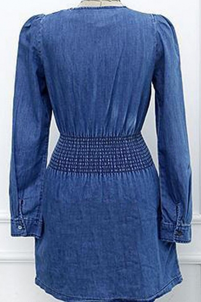 Fashion Round Neck Long Sleeve Pocket-Front Elastic Waist Slim Leisure Mini Denim A-Line Dress