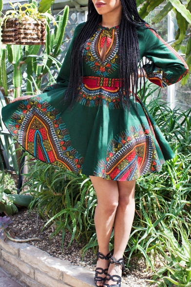 Fashion Womens Cutout Plunge V Neck Zip-Back Self-Tie Long Sleeve Tribal Print Mini A-line Dress