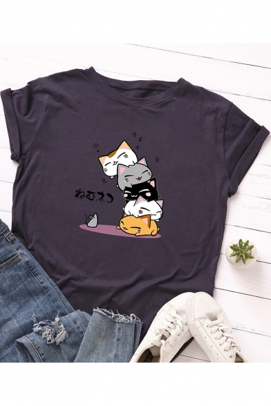 Funny Cartoon Cat Pattern Basic Round Neck Short Sleeve Loose Fitted Cotton T-Shirt