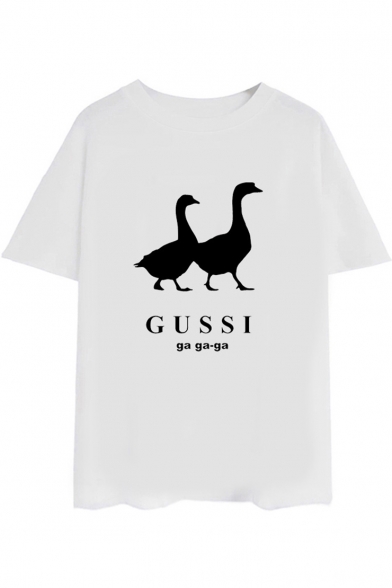 Funny Cartoon Letter GUSSI Duck Printed Round Neck Short Sleeve Casual White Tee