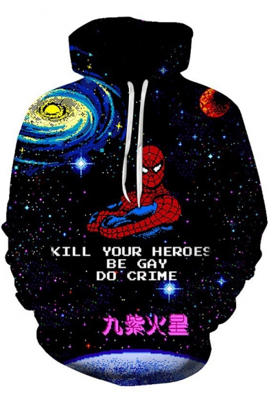 Funny Letter KILL YOUR HEROES Starry Galaxy Print Black Hoodie