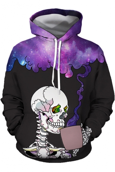 Funny Skull with Drink Purple Galaxy Smog 3D Print Casual Loose Unisex Hoodie