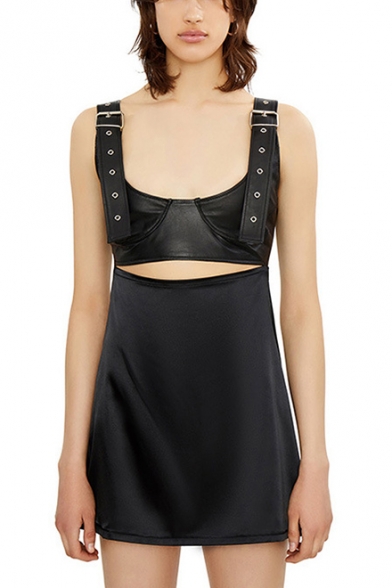 Girls Cool Street Style Studded Straps Sleeveless Cutout Front Mini Black A-Line Dress