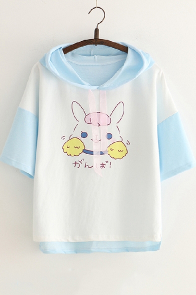 Girls Cute Cartoon Rabbit Printed Color Block Short Sleeve Hooded T-Shirt