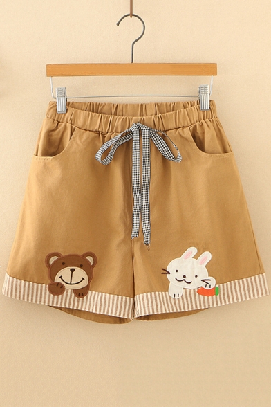 

Girls Lovely Cartoon Bear Rabbit Embroidery Drawstring Waist Khaki Casual Shorts, LM547541