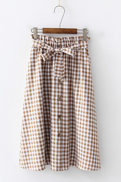 

Girls Preppy Style Classic Plaid Printed Bow-Tied Waist Button Down Midi A-Line Skirt, Color 1;color 2;color 3;color 4;color 5, LM543822