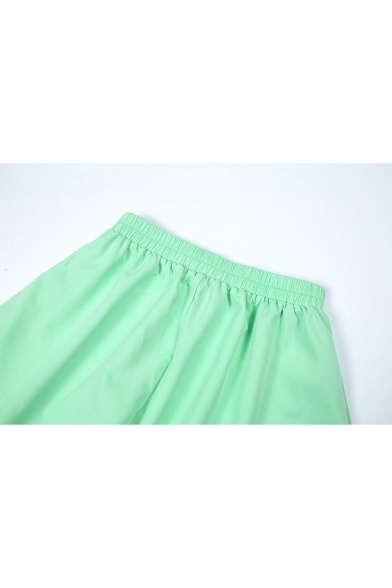 Girls Summer Hot Trendy Green Simple Plain Elastic Waist High Rise Wide-Leg Culottes Shorts