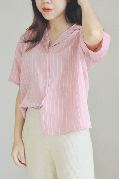 Girls Summer Retro Notched Lapel Collar Vertical Striped Short Sleeve Button Shirt