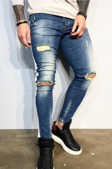 Guys New Fashion Vintage Washed Side Webbing Blue Skinny Ripped Jeans