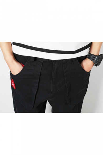 Guys Popular Fashion Simple Plain Large Pocket Contrast Ribbon Embellished Cotton Tapered Pants
