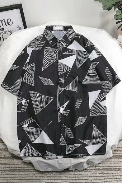 Guys Summer Hot Fashion Geometric Printed Casual Loose Button Up Shirt