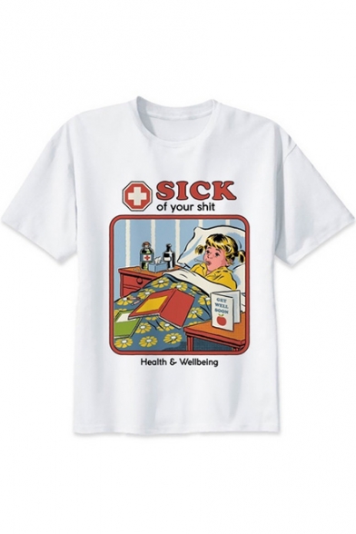 

Health Wellbeing Sick Cartoon Pattern Round Neck Short Sleeve White Tee, LC550213