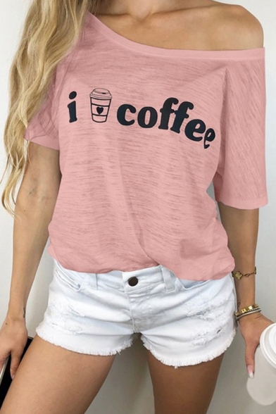 Hot Fashion Letter I LOVE COFFEE Pattern One Shoulder Short Sleeve Casual T-Shirt