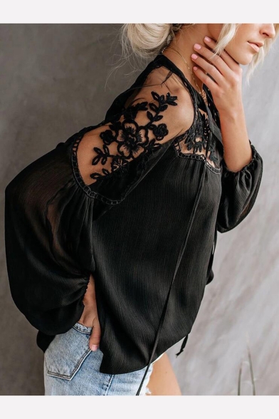 Hot Fashion Sexy Womens V Tie-Neck Elastic Cuff Long Sleeve Sheer Lace Blouse