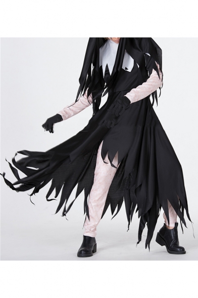 Hot Stylish Halloween Style Black Long Sleeve Asymmetric Hem Colorblock Maxi Dress for Cosplay