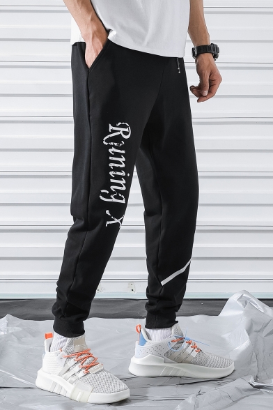 Men's Fashion Letter RUNNING X Printed Drawstring Waist Black Casual Sweatpants