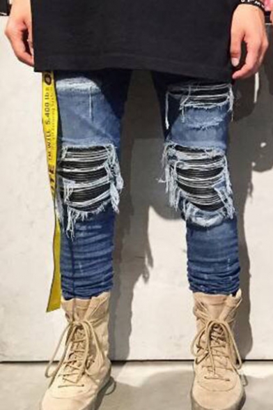 Men's Hot Fashion Pleated Patch Skinny Frayed Ripped Biker Jeans