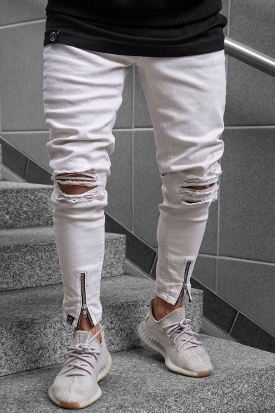 Men's Hot Fashion Solid Color Knee Cut Zip Cuffs White Ripped Jeans