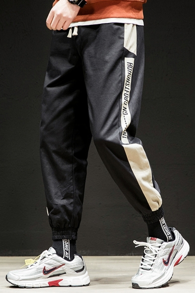 Men's New Fashion Colorblock Letter Printed Drawstring Waist Leisure Tapered Pants