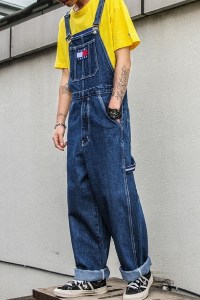 Men's New Fashion Letter Patch Loose Fit Rolled Cuffs Casual Denim Overalls