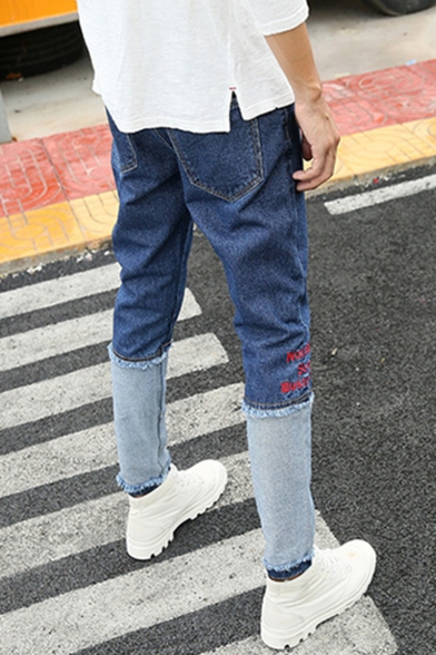Men's New Fashion Letter Printed Patched Raw Hem Slim Fit Casual Jeans