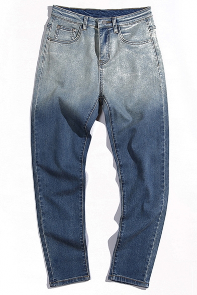 Men's Ombre Color Rolled Cuffs Zip-fly Casual Tapered Jeans