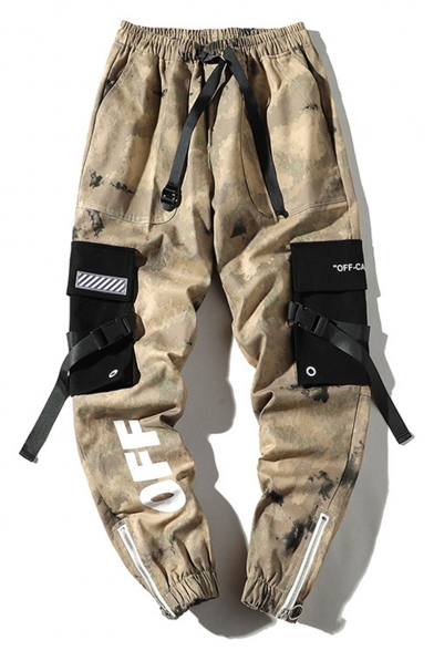 Men's Popular Fashion Cool Camouflage Letter OFF Printed Buckle Strap Flap Pockets Trendy Casual Cargo Pants