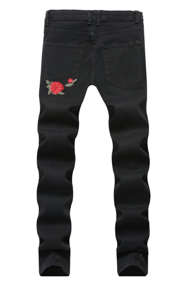 Men's Popular Fashion Rose Embroidery Pattern Black Ripped Jeans