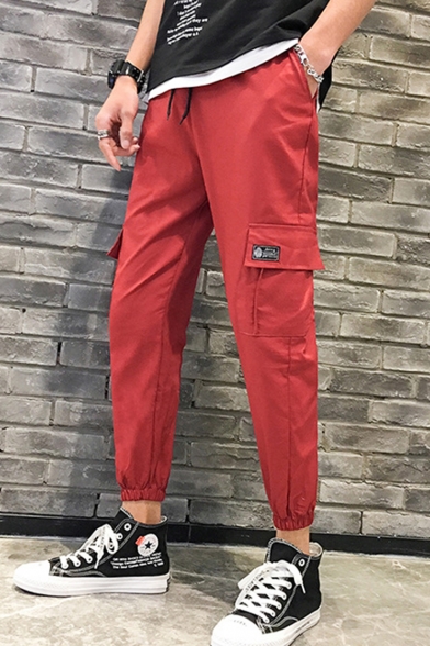 Men's Simple Fashion Solid Color Flap Pocket Drawstring Waist Elastic Cuffs Cotton Cargo Pants